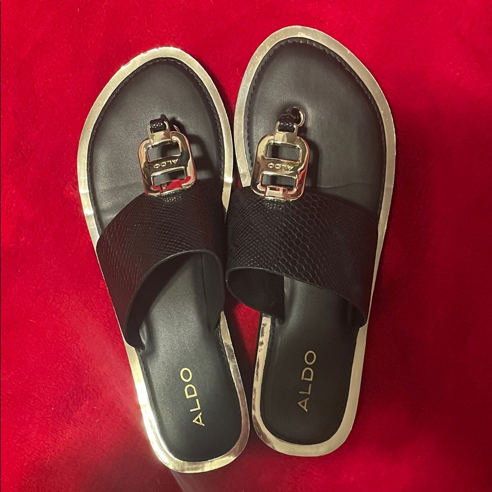 Aldo Black Slides with Metallic Buckle
